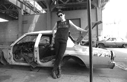 Smashed cop car underneath the Williamsburg Bridge, 1988