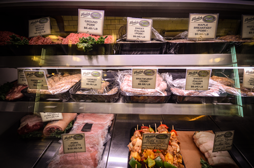 Fleishers’ meat treat display glows responsibly.