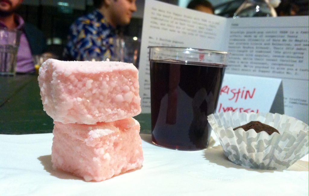 Dessert at Supper Studio: rose marshmallows, a house-made truffle, and a shot of Lambrusco