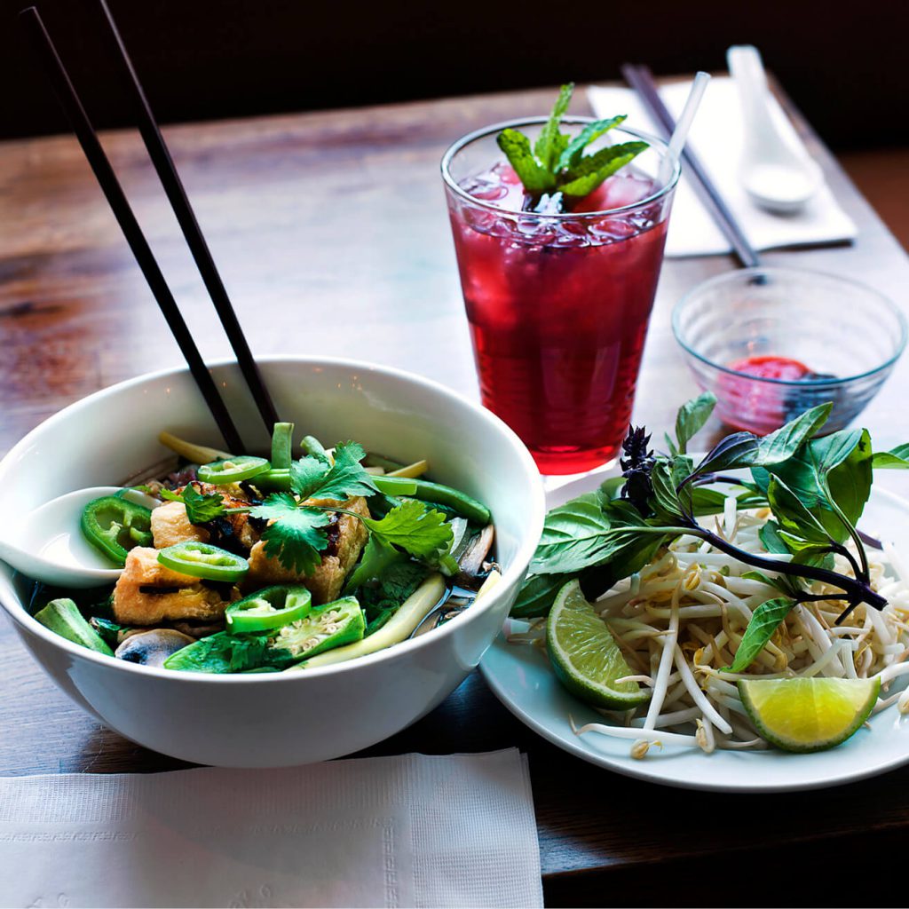 Pho Chay vegan style with beansprouts and hibiscus  iced tea, Falansai.