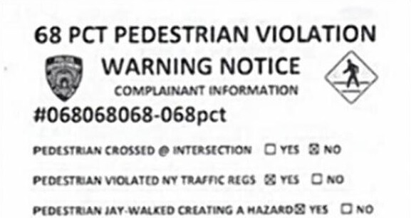 fake jaywalking ticket crackdown bratton de blasio nyc brooklyn 68th precinct bay ridge