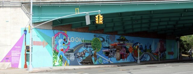 Moving Along, a mural on Atlantic Avenue in Brooklyn