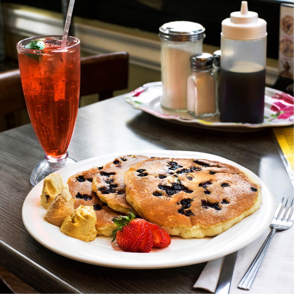 Danish pancakes with cherry lime rickey.