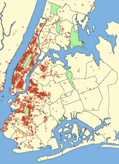 All of the registered bed bug locations in NY from the nationwide Bed Bug Registry.