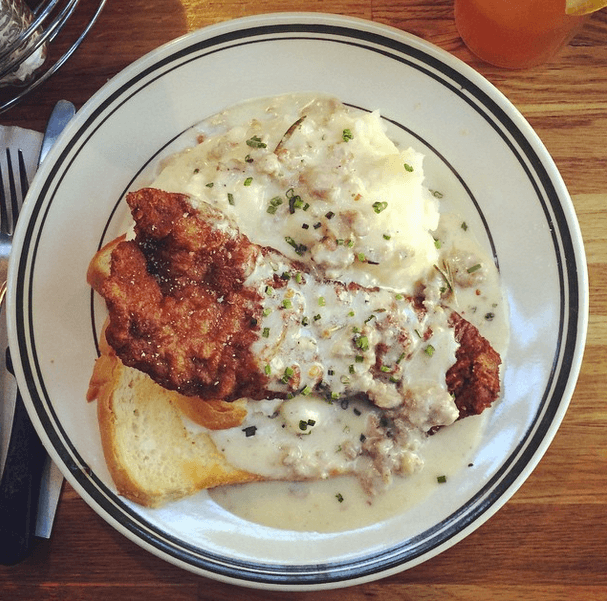 Chicken fried steak basically begs for an alcoholic accompaniment. photo via Pies 'n' Thighs 