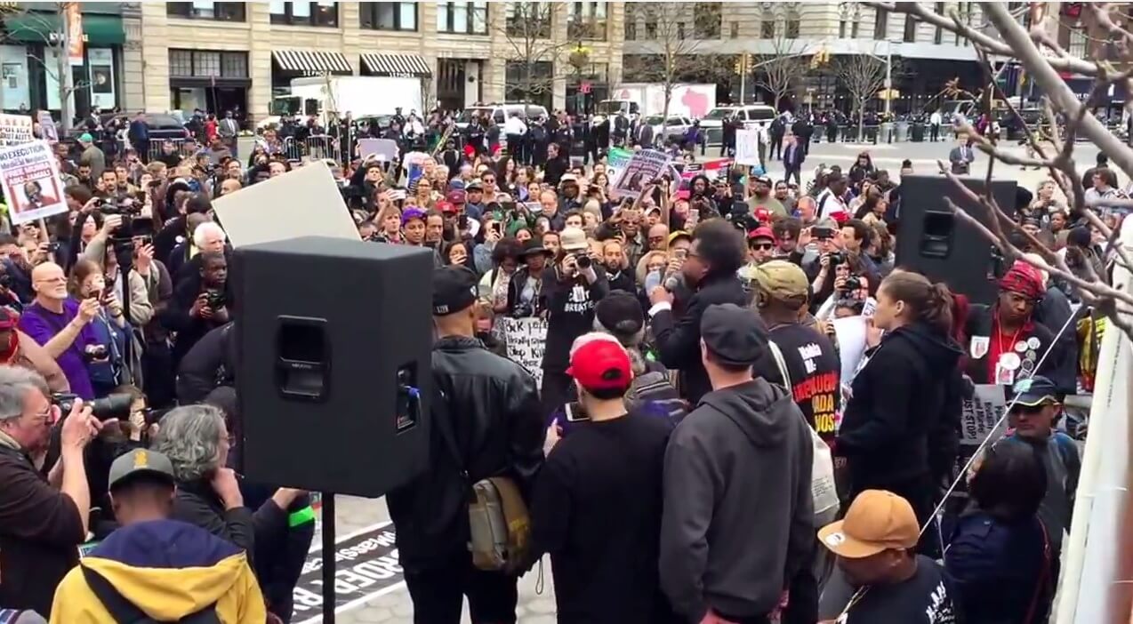 Cornel West speaking to protestors on April 14th (still from the Stop Mass Incarceration Network on Youtube)