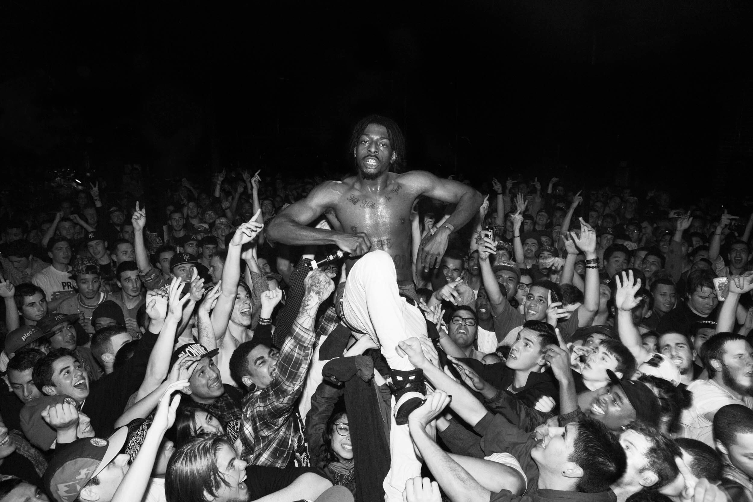 San Fransisco, California -MARCH 27th, 2013: Meechy Darko of The Flatbush Zombies, rests on the crowd after stage diving during his set at Slim's on the BEASTCOASTAL tour, his groups first full US tour.  CREDIT: Jessica Lehrman for The New York Times