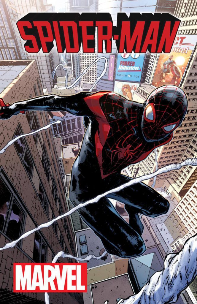 The cover of Spiderman featuring Miles Morales. 