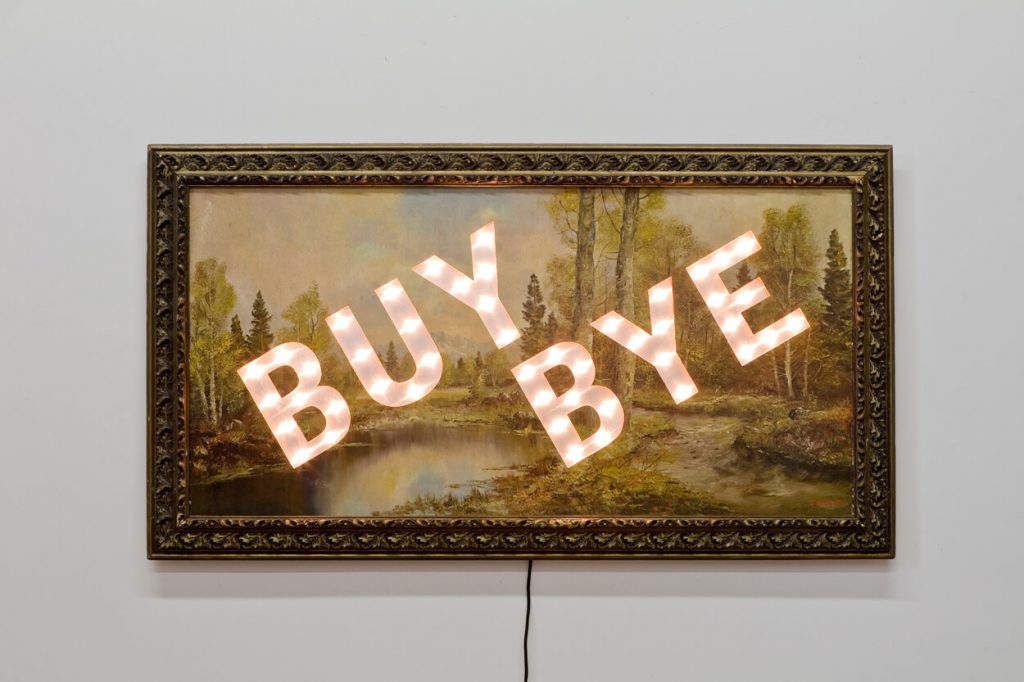 “Buy Bye”, found painting and frame, wood, aluminum, lights (2015) c/o http://daverittinger.tumblr.com