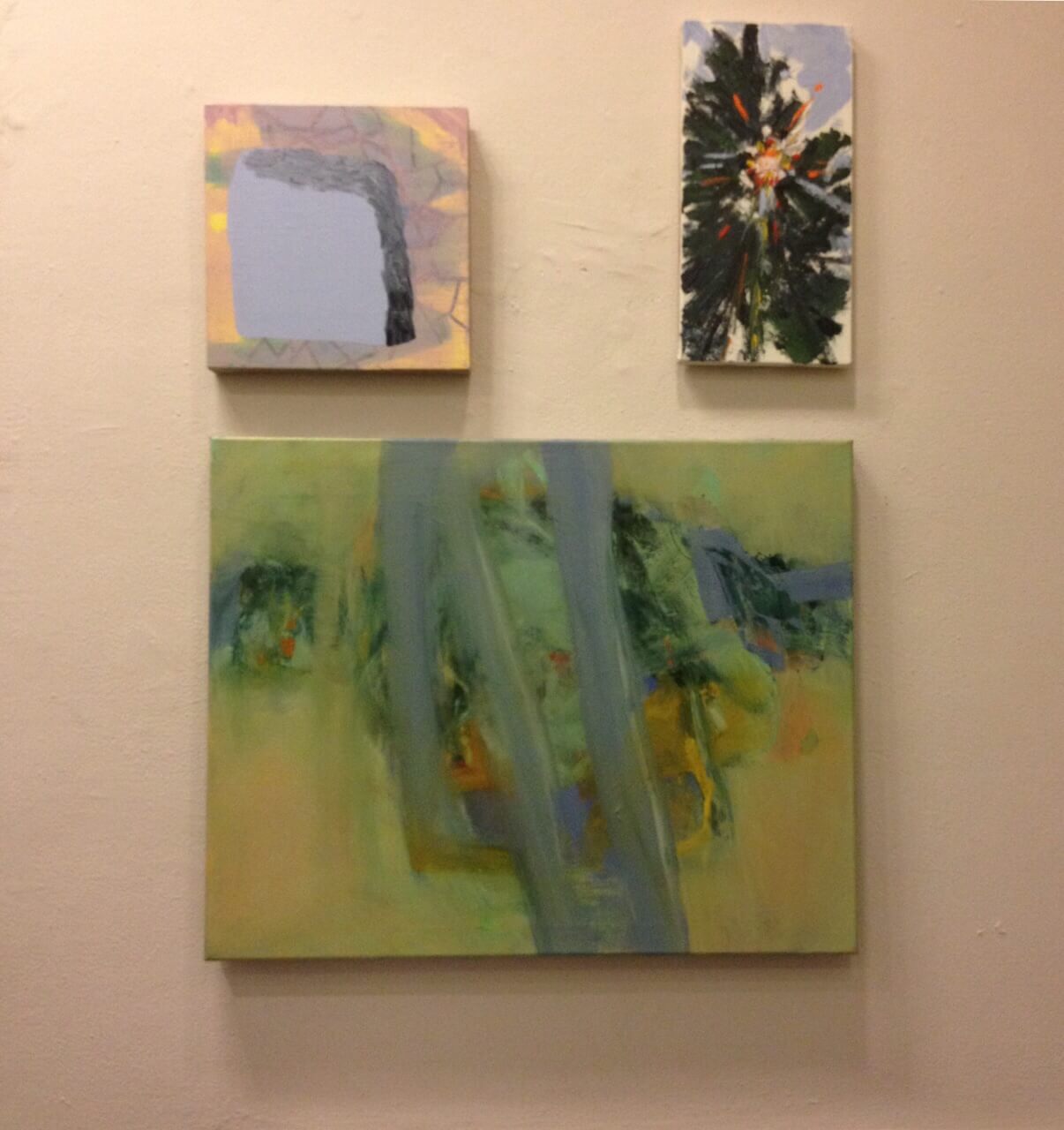 Above, left to right: Works by Becky Yazdan and Sandy Walker. Below, a work by Hollis Jeffcoat. In one of the Andrew rooms.