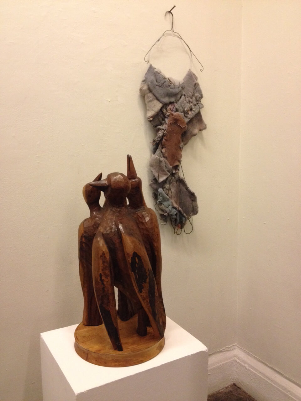 Foreground, a sculpture by Lynn Rosenfeld; background, one by Marie Christine Katz. In one of the Andrew rooms.