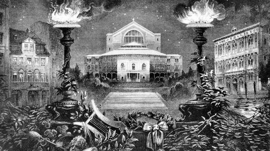 Rudolph Cronau's drawing of Wagner's opera house, Bayreuth, flanked by his birthplace (left) and place of death. Photo via the Brooklyn Institute for Social Research