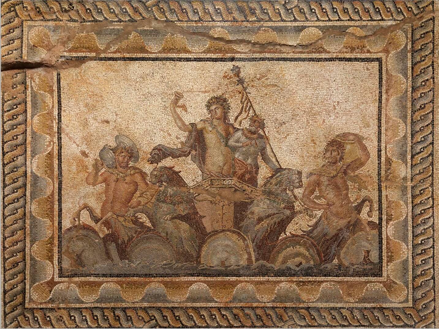 "Mosaic of the Epiphany of Dionysus," late 2nd–early 3rd century AD. From Dion, Villa of Dionysus, Symposium Hall. Archaeological Museum of Dion. Photo © Archaeological Excavations at Dion, Greece. Courtesy Onassis Cultural Center NY.