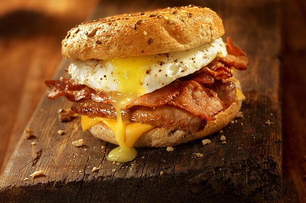 Bagel, Bacon, Sausage and Egg Breakfast Sandwich