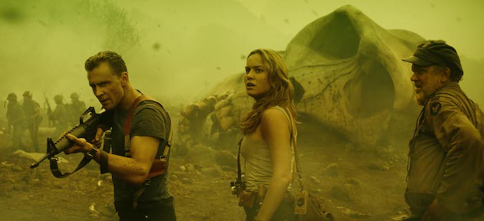 KONG: SKULL ISLAND - Copyright: © 2017 WARNER BROS. ENTERTAINMENT INC., LEGENDARY PICTURES PRODUCTIONS, LLC AND RATPAC-DUNE ENTERTAINMENT LLC. ALL RIGHTS RESERVED (L-R) TOM HIDDLESTON as James Conrad, BRIE LARSON as Mason Weaver and JOHN C. REILLY as Hank Marlow in Warner Bros. Pictures, Legendary Pictures and Tencent Pictures' action adventure "KONG: SKULL ISLAND," a Warner Bros. Pictures release. Photo Credit: Courtesy of Warner Bros. Pictures