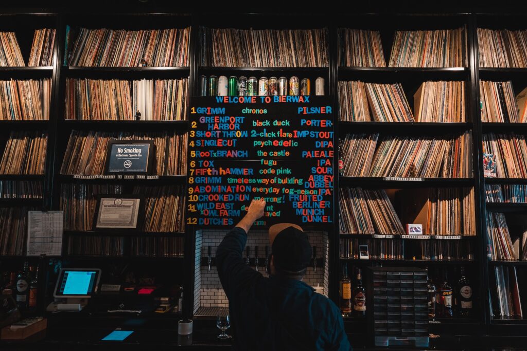 The record collection at BierWax, a vinyl bar in Prospect Heights 