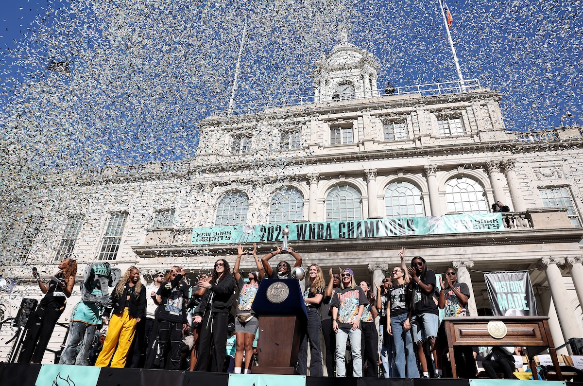 The New York Liberty at the Championship ticker tape parade and victory rally celebrating winning the 2024 WNBA Finals