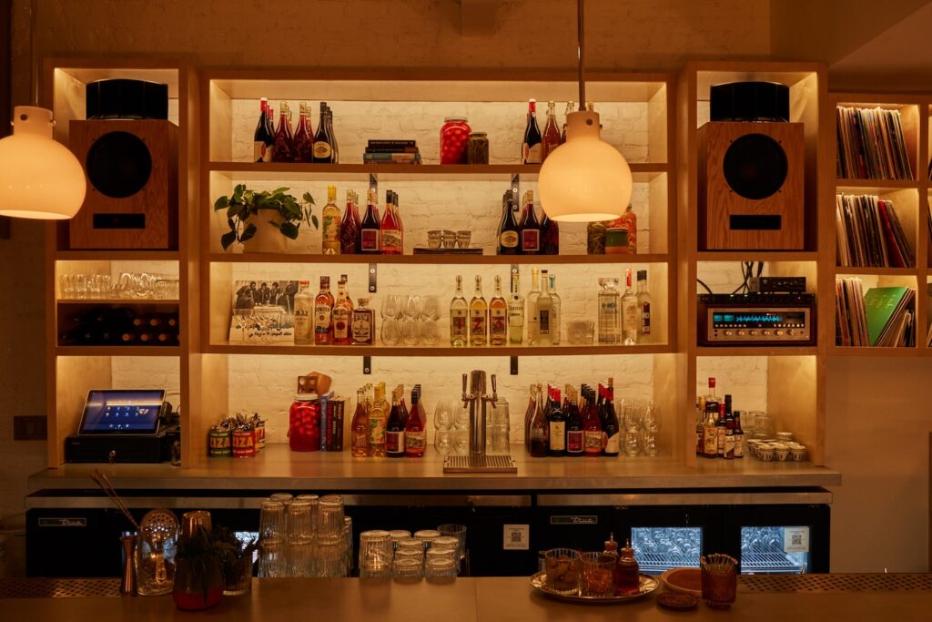 The back bar at Laziza in Bed-Stuy 