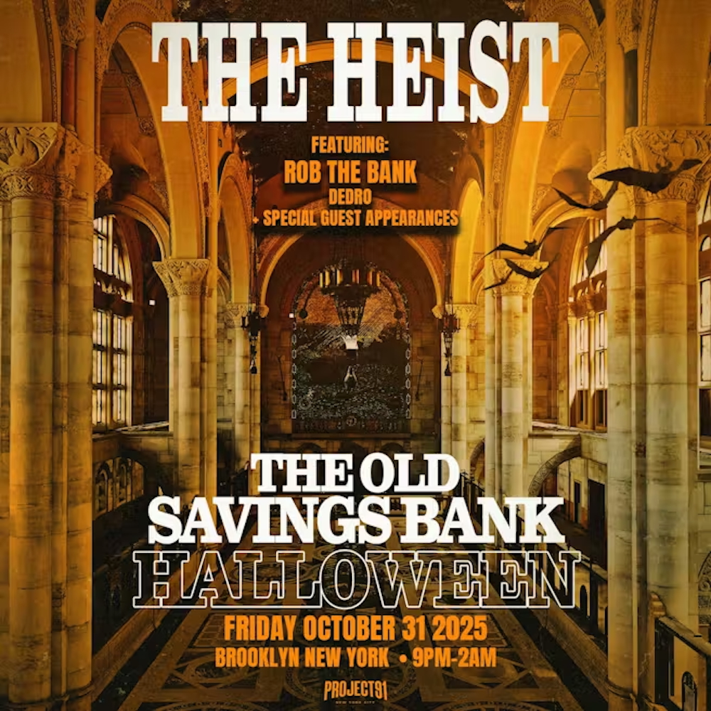 Flier for "The Heist" Halloween party at One Hanson Place