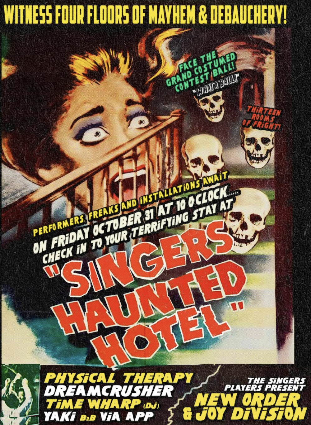 Flier for the Singers Haunted Hotel Halloween party