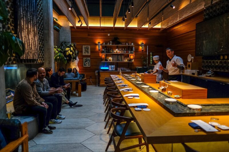 All 14 seats at Sushi Koju in lobby of Ace Hotel in Downtown Brooklyn