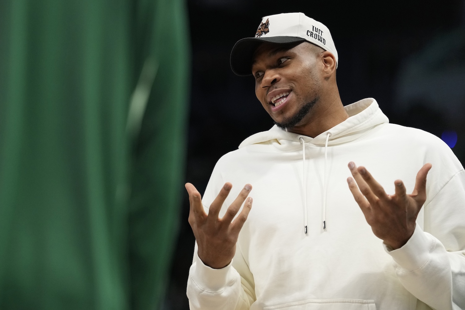 Giannis Antetokounmpo #34 of the Milwaukee Bucks reacts against the Golden State Warriors during the first quarter at Fiserv Forum on October 30, 2025 in Milwaukee, Wisconsin.
