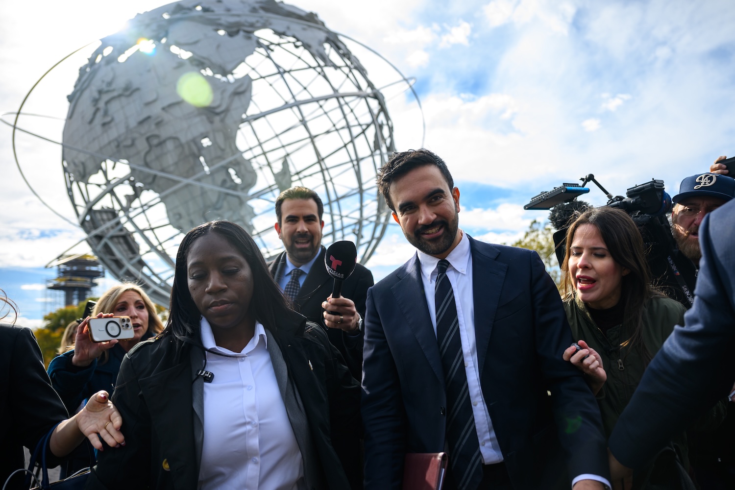 Zohran Mamdani attends a press conference at the Unisphere on November 05, 2025 in the Queens borough of New York City. Mamdani won the mayoral election over independent mayoral candidate Andrew Cuomo and Republican mayoral candidate Curtis Sliwa.