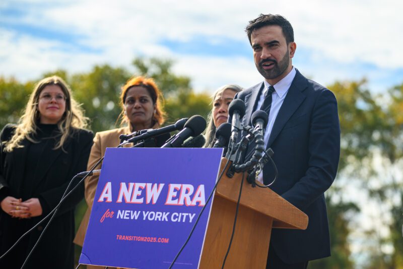 Mayor-Elect Zohran Mamdani speaks during a press conference at the Unisphere in Flushing Meadows Corona Park on November 05, 2025 in the Queens borough of New York City. Mamdani won a historic victory to become the city's 111th mayor defeating independent mayoral candidate Andrew Cuomo and Republican mayoral candidate Curtis Sliwa.