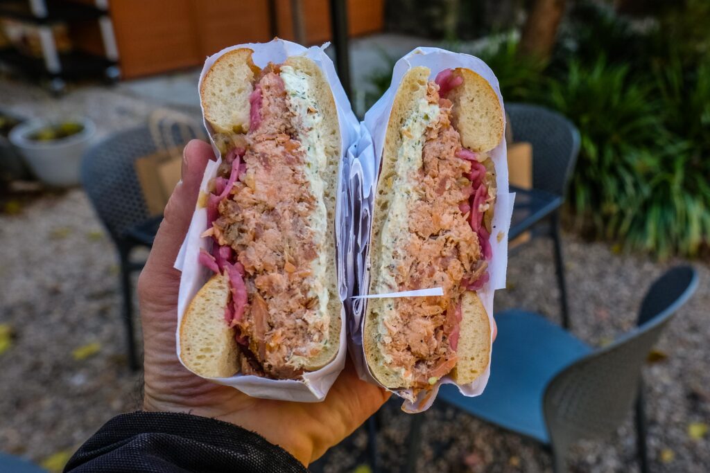 Hot and cold smoked salmon on an onion bialy, $16 from Gertie in Prospect Heights, Brooklyn.