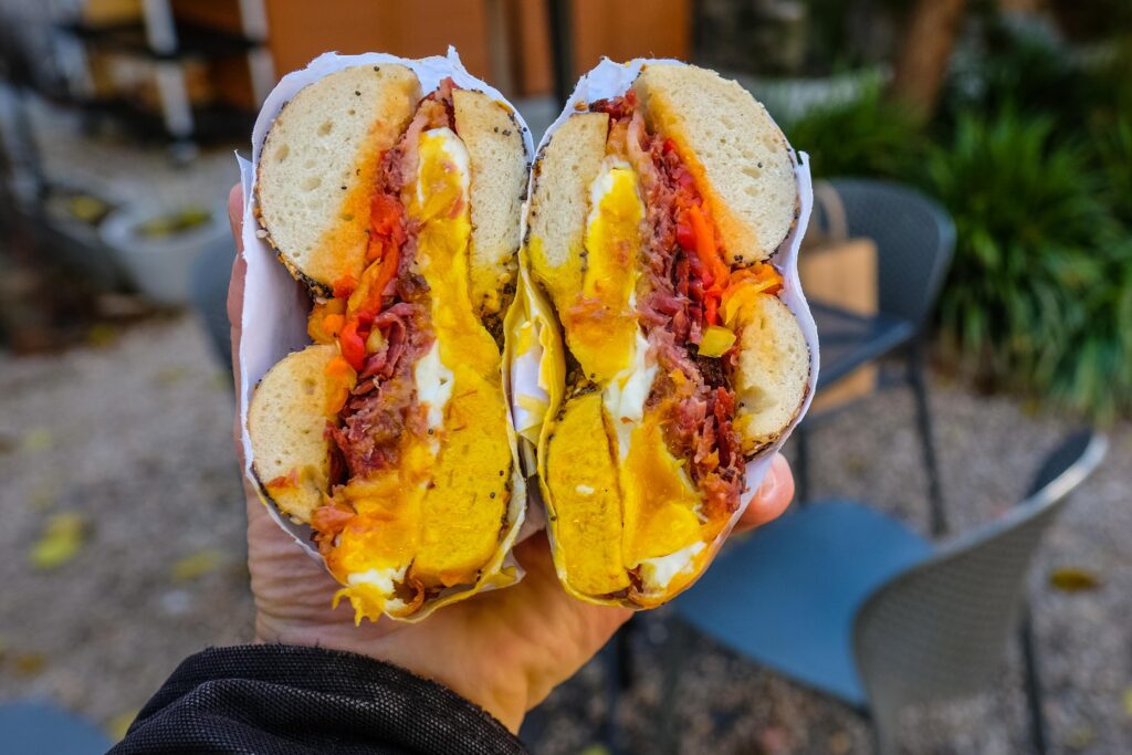Egg and cheese with pastrami on an everything bagel, $20 from Gertie in Prospect Heights, Brooklyn