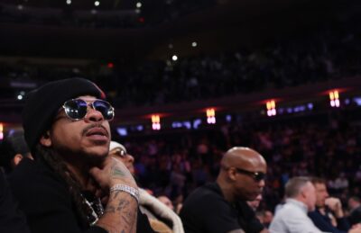 Rappers French Montana and Max B attend the game between the New York Knicks against the Charlotte Hornets at Madison Square Garden on December 03, 2025 in New York City. NOTE TO USER: User expressly acknowledges and agrees that, by downloading and or using this photograph, User is consenting to the terms and conditions of the Getty Images License Agreement.