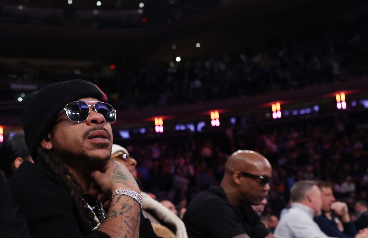 Rappers French Montana and Max B attend the game between the New York Knicks against the Charlotte Hornets at Madison Square Garden on December 03, 2025 in New York City. NOTE TO USER: User expressly acknowledges and agrees that, by downloading and or using this photograph, User is consenting to the terms and conditions of the Getty Images License Agreement.