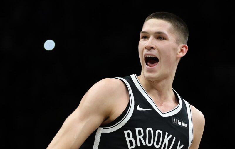Egor Demin #8 of the Brooklyn Nets celebrates after putting the Brooklyn Nets ahead with seconds left in overtime against the Orlando Magic during their game at Barclays Center on January 07, 2026 in New York City.