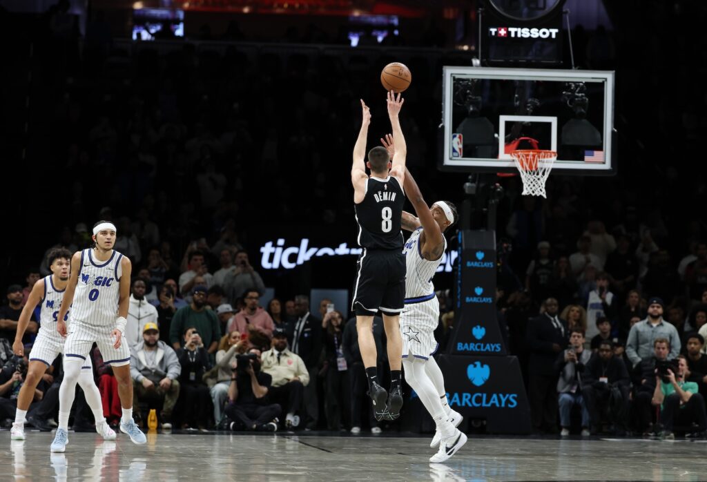 Egor Demin scores and puts the Brooklyn Nets ahead with seconds left in overtime against the Orlando Magic during their game at Barclays Center on January 07, 2026 in New York City.
