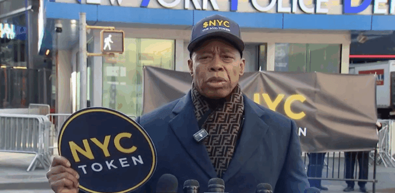 Eric Adams at the press conference for the launch of his new crypto coin.
