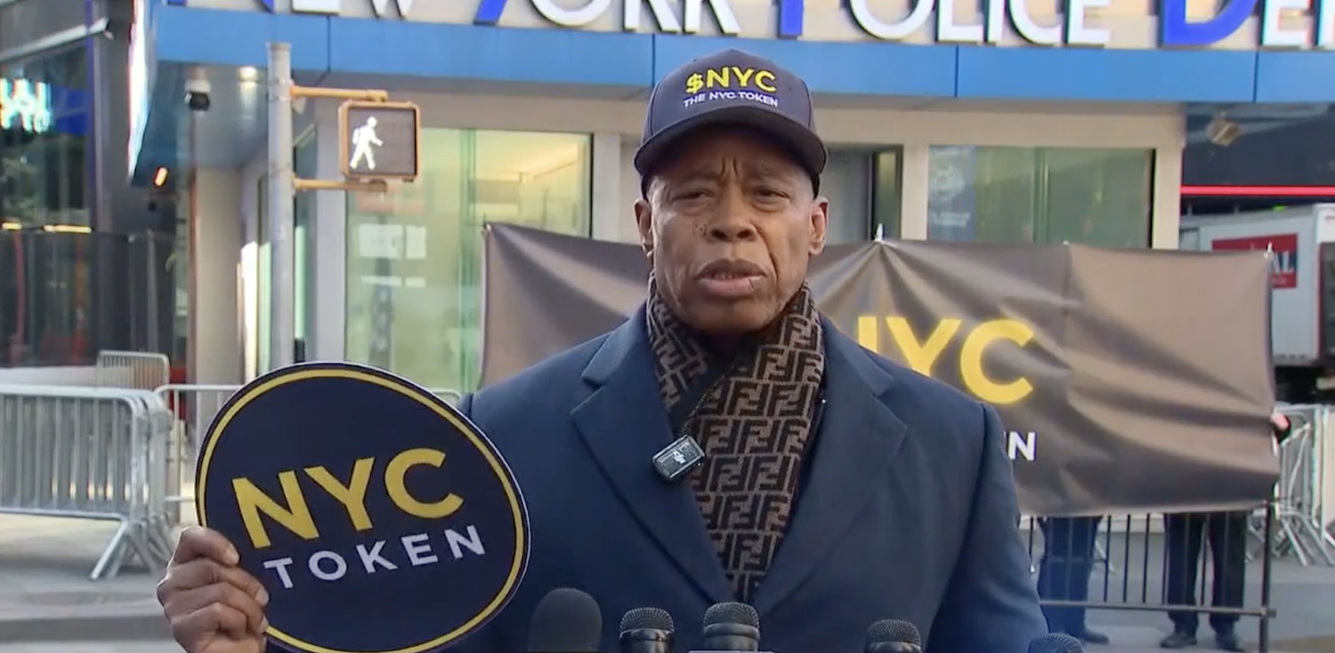 Eric Adams at the press conference for the launch of his new crypto coin.
