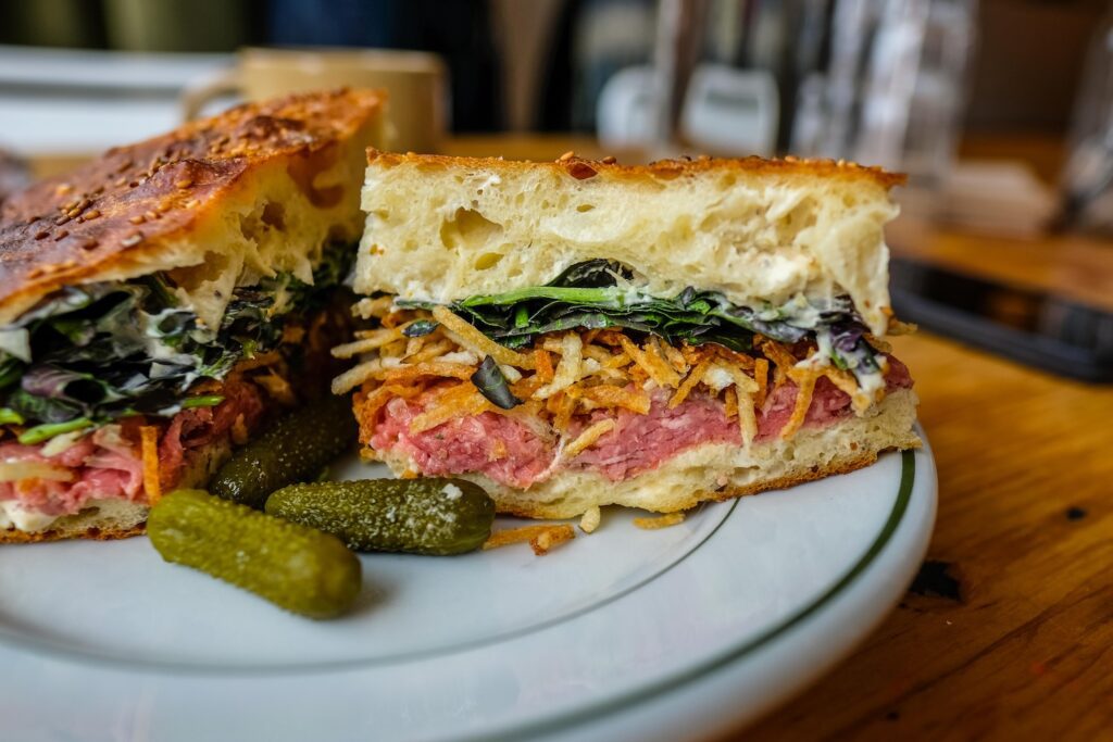 Roast beef sandwich with homemade hickory sticks, $16 