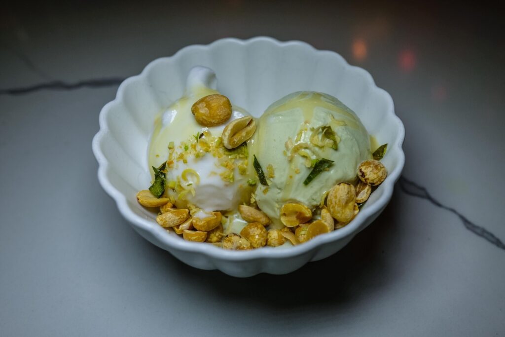 Coconut and pandan gelato with cocktail peanuts, $12, from the Hōp residency at Runner Up in Park Slope, Brooklyn