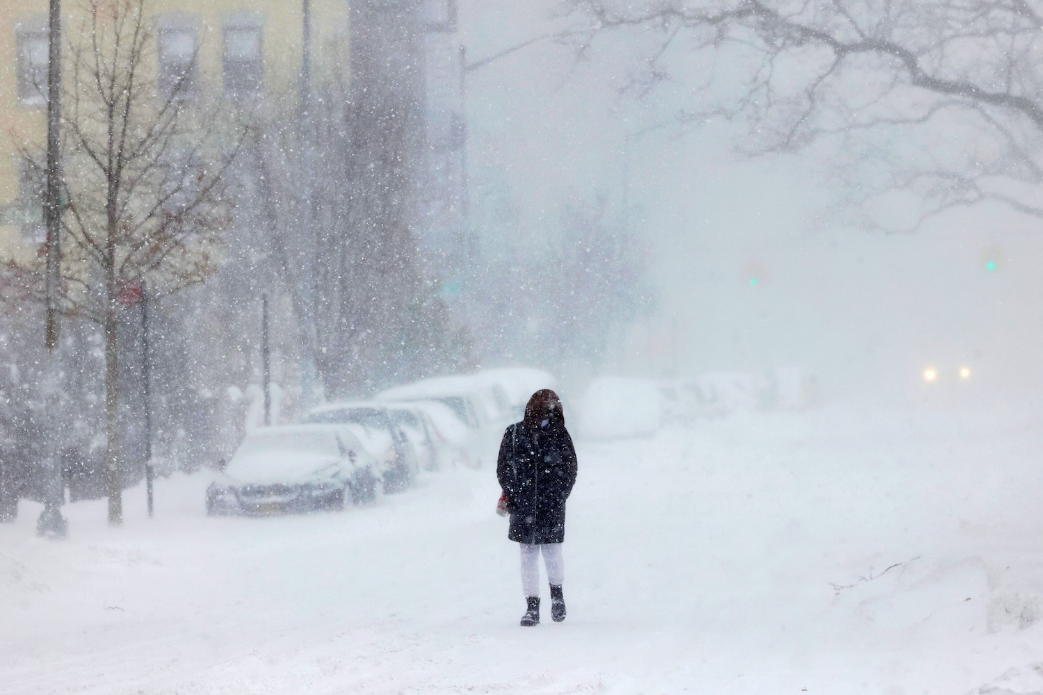 A person walks along a snow covered street as snow falls in the Midwood neighborhood of Brooklyn on February 01, 2021 in New York City. NYC Mayor Bill de Blasio declared a State of Emergency as a Nor'Easter is expected to bring blizzard-like conditions with up to 18 inches of snow into the city. MTA officials announced that starting at 2 P.M. Monday afternoon, above-ground subway service would be suspended.
