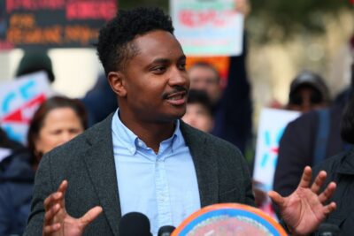 Council Member Chi Ossé speaks during a press conference outside of City Hall on April 10, 2025 in New York City. ICE Out NYC Coalition, Shut Rikers Campaign, elected officials, immigrants and people directly impacted by Rikers Island gathered to hold a rally to protest Mayor Eric Adams decision to allow ICE to open an office at Rikers Island, which they have not operated at since 2014 when Local Law 58 was enacted.
