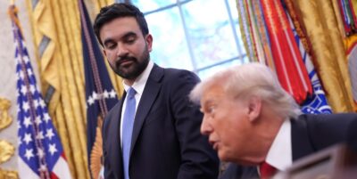 U.S. President Donald Trump meets with New York City Mayor-elect Zohran Mamdani (L) in the Oval Office of the White House on November 21, 2025 in Washington, DC.