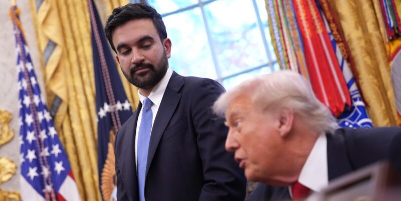 U.S. President Donald Trump meets with New York City Mayor-elect Zohran Mamdani (L) in the Oval Office of the White House on November 21, 2025 in Washington, DC.