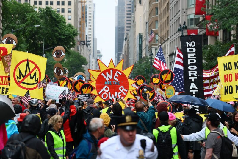 People march in the "No Kings" protest along Fifth Avenue on June 14, 2025 in New York, New York. Hundreds of marches and protests as part of a "national day of peaceful protest" against the Trump administration are happening across the United States today in opposition to his presidency and his policies. The national protest comes as President Donald Trump's military parade celebrating the 250th anniversary of the U.S. Army is taking place in Washington, DC. Today's parade coincides with President Trump's birthday.