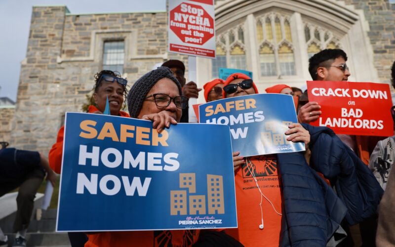 People attend a rally before a "Rental Ripoff" hearing at Fordham University in the Bronx borough of New York on March 11, 2026, in New York City. The hearings give New Yorkers in all five boroughs a space to share housing experiences, complaints, and concerns in one-on-one conversations with city officials and help to shape future housing policy in New York City, which has some of the highest rents in the country. New York Mayor Zohran Mamdani, whose signature campaign promise was the implementation of a four-year rent freeze for the city’s roughly 1 million rent-stabilized units in New York City, spoke at the event.