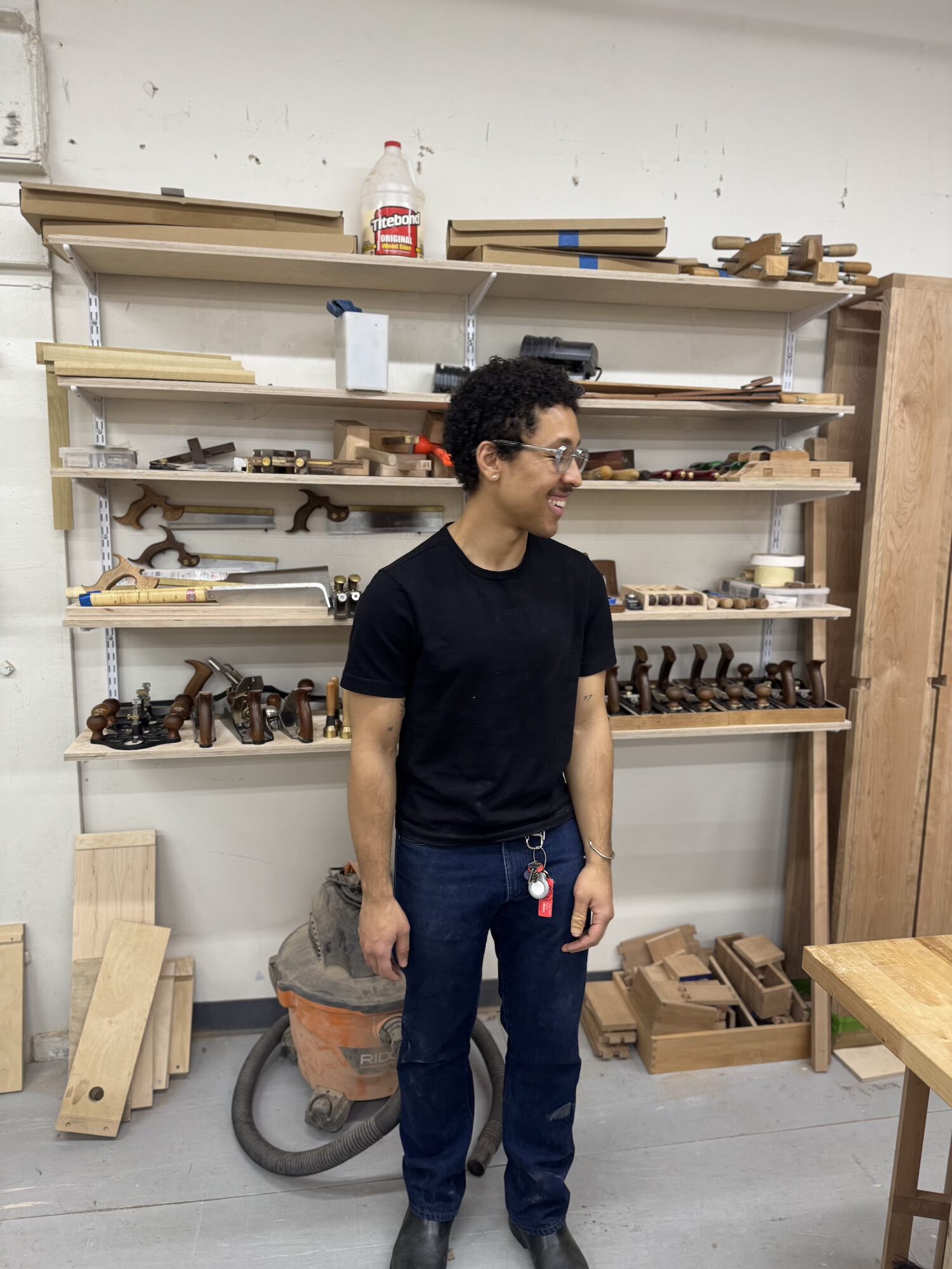 Comedian Jaboukie Young-White at Makeville woodworking shop in Gowanus, Brooklyn