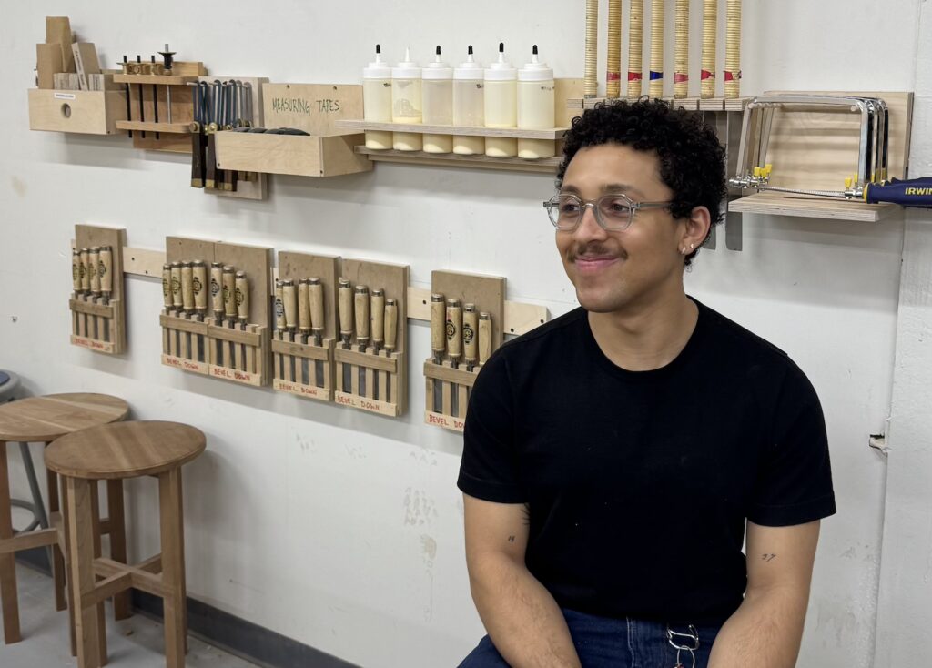 Comedian Jaboukie Young-White at Makeville woodworking shop in Gowanus, Brooklyn