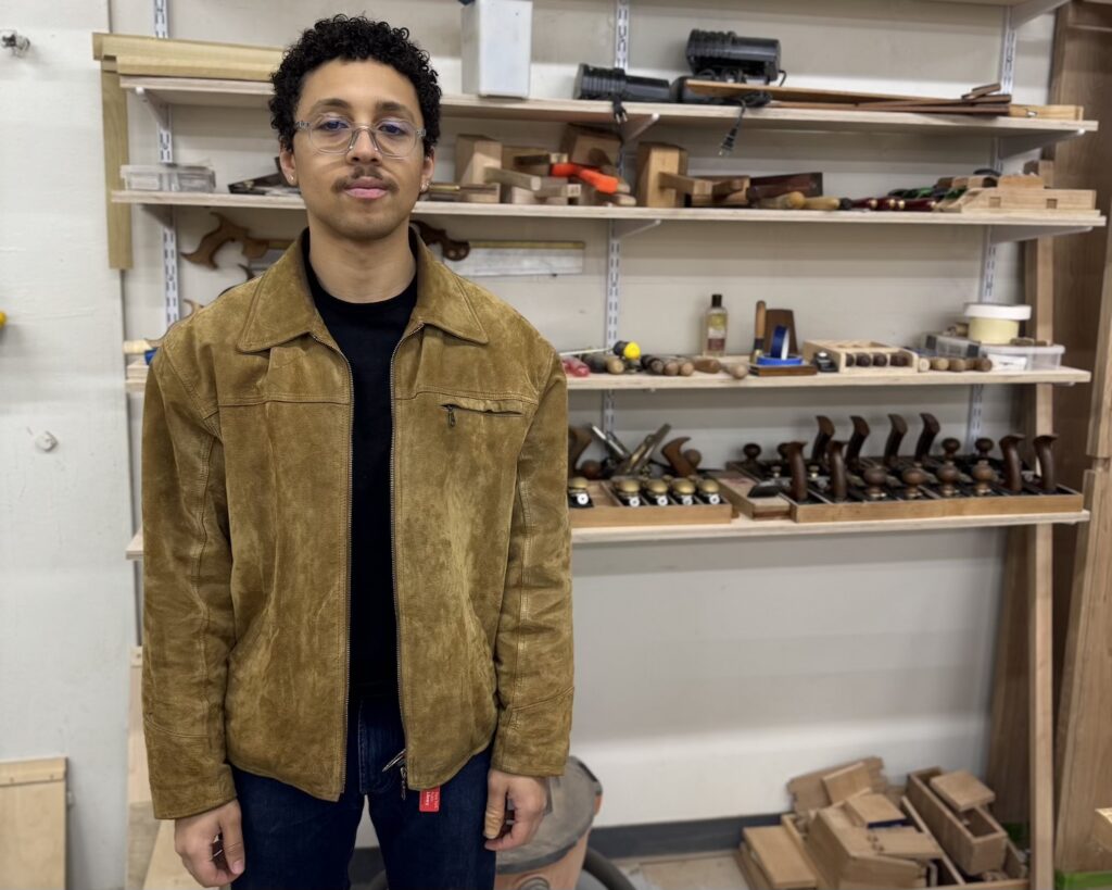 Comedian Jaboukie Young-White at Makeville woodworking shop in Gowanus, Brooklyn