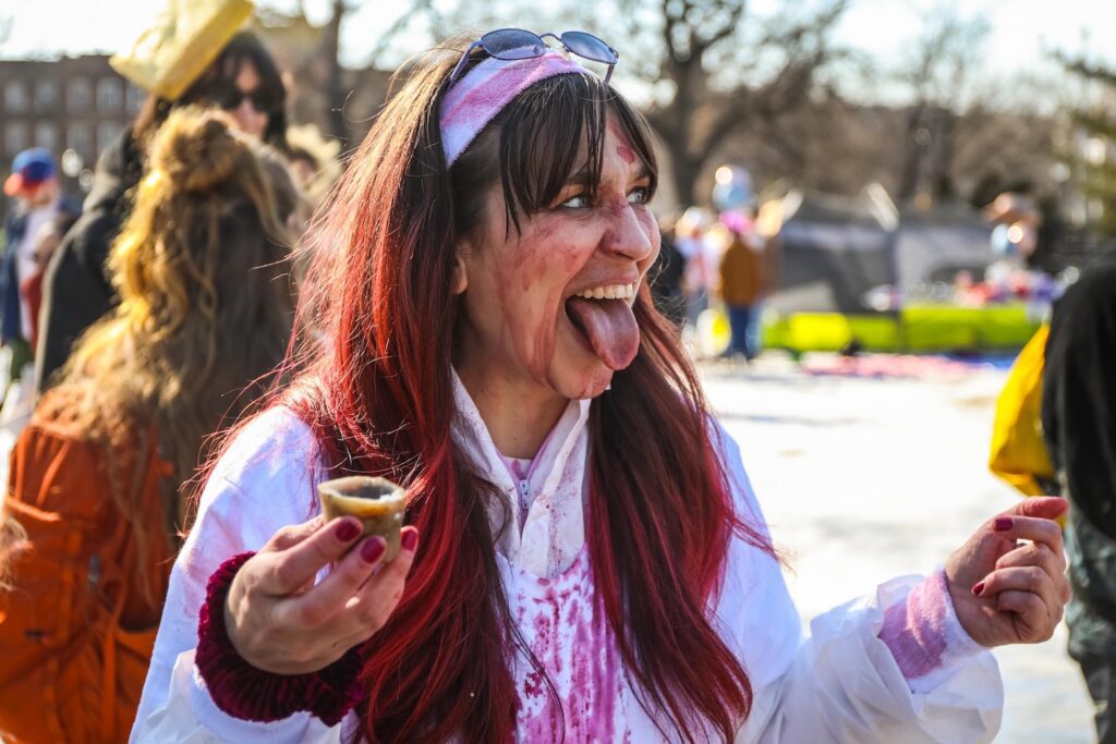 The proper response to a shot of bourbon gravy at the eighth annual Competitive Winter Picnicking Games in Bed-Stuy, Brooklyn