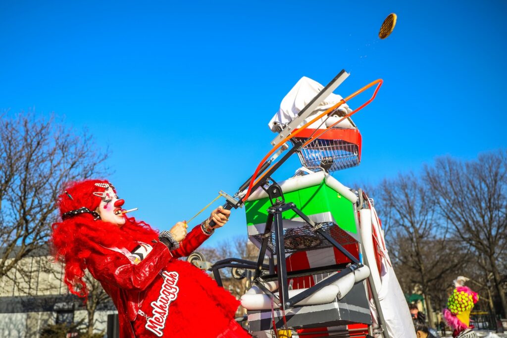 A waffle takes flight at the eighth annual Competitive Winter Picnicking Games in Bed-Stuy, Brooklyn