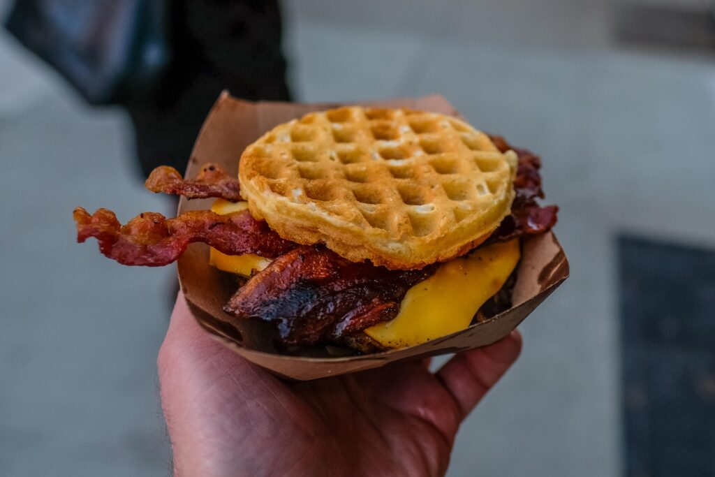 The "Chicken & Waffles" smashburger at Ramblin Chick, the new restaurant from the Ample Hills couple, in Carroll Gardens, Brooklyn